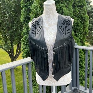 Black Leather Fringe Vest Sz L